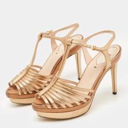 Pre Owned Fendi Metallic Leather T-Bar Platform Strappy Sandals Size 37