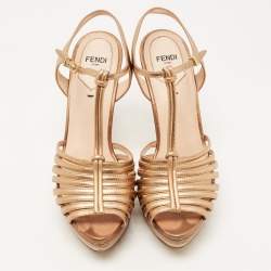 Pre Owned Fendi Metallic Leather T-Bar Platform Strappy Sandals Size 37