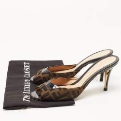 Fendi Brown/Black Zucca Canvas and Patent Leather Slide Sandals Size 39