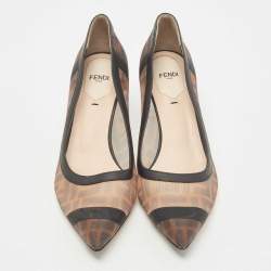 مملوكة مسبقًا Fendi Brown/Black Zucca Mesh And Leather Colibri Pointed Toe Pumps Size 39.5