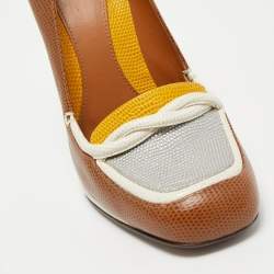 Pre Owned Fendi Brown/White Lizard Embossed Leather Loafer Pumps Size 38