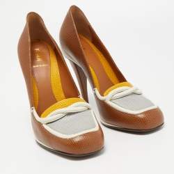 Pre Owned Fendi Brown/White Lizard Embossed Leather Loafer Pumps Size 38