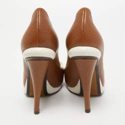 Pre Owned Fendi Brown/White Lizard Embossed Leather Loafer Pumps Size 38