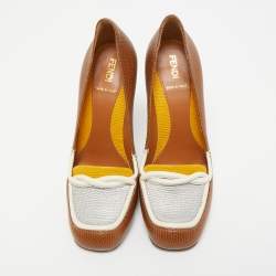 Pre Owned Fendi Brown/White Lizard Embossed Leather Loafer Pumps Size 38