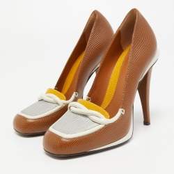 Pre Owned Fendi Brown/White Lizard Embossed Leather Loafer Pumps Size 38