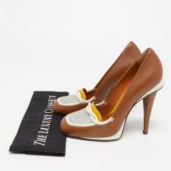 Pre Owned Fendi Brown/White Lizard Embossed Leather Loafer Pumps Size 38
