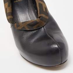 Pre Owned Fendi Black/Brown Leather and Zucca Canvas Envelope Ankle Booties Size 37