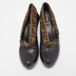 Pre Owned Fendi Black/Brown Leather and Zucca Canvas Envelope Ankle Booties Size 37