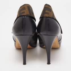 Pre Owned Fendi Black/Brown Leather and Zucca Canvas Envelope Ankle Booties Size 37