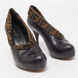 Pre Owned Fendi Black/Brown Leather and Zucca Canvas Envelope Ankle Booties Size 37