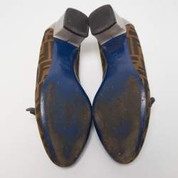 Pre Owned Fendi Brown Tobacco Zucca Canvas And Lizard Embossed Leather Bow Block Heel Pumps Size 38