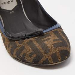 Pre Owned Fendi Brown Tobacco Zucca Canvas And Lizard Embossed Leather Bow Block Heel Pumps Size 38