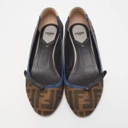 Pre Owned Fendi Brown Tobacco Zucca Canvas And Lizard Embossed Leather Bow Block Heel Pumps Size 38