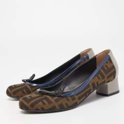 Pre Owned Fendi Brown Tobacco Zucca Canvas And Lizard Embossed Leather Bow Block Heel Pumps Size 38