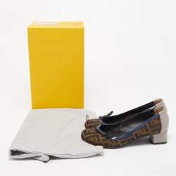 Pre Owned Fendi Brown Tobacco Zucca Canvas And Lizard Embossed Leather Bow Block Heel Pumps Size 38