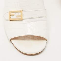 Fendi White Croc Embossed Leather Block Heel Slide Sandals Size 37.5