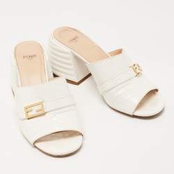 Fendi White Croc Embossed Leather Block Heel Slide Sandals Size 37.5