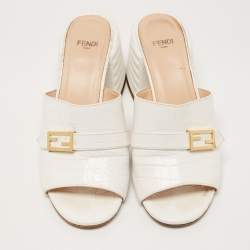 Fendi White Croc Embossed Leather Block Heel Slide Sandals Size 37.5