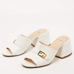 Fendi White Croc Embossed Leather Block Heel Slide Sandals Size 37.5