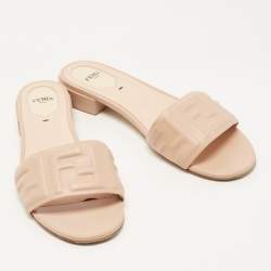 Pre Owned Fendi Beige Leather FF Flat Slides Size 39