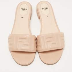 Pre Owned Fendi Beige Leather FF Flat Slides Size 39