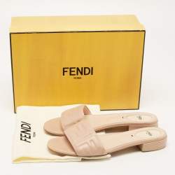 Pre Owned Fendi Beige Leather FF Flat Slides Size 39