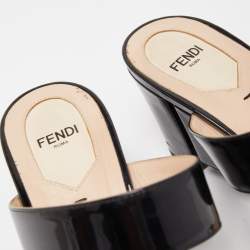 Fendi Black Patent Leather Wedge Slide Sandals Size 41