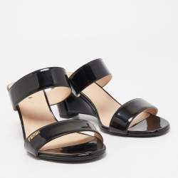 Fendi Black Patent Leather Wedge Slide Sandals Size 41