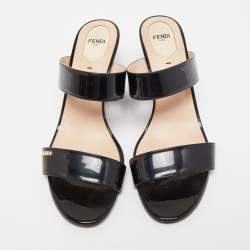 Fendi Black Patent Leather Wedge Slide Sandals Size 41