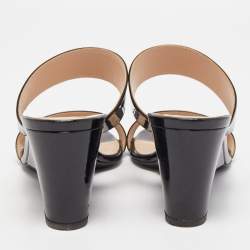 Fendi Black Patent Leather Wedge Slide Sandals Size 41