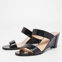 Fendi Black Patent Leather Wedge Slide Sandals Size 41