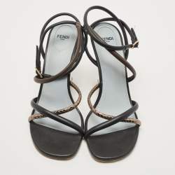 Pre Owned Fendi  Tri Color Leather and Watersnake Leaather Firts F Strappy Sandals Size 41