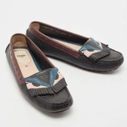 Pre Owned Fendi Black/Burgundy Leather Monster Eye Loafers Size 40