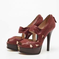 Pre Owned FendI Burgundy Glitter Nubuck Leather Peep Toe Platform Pumps Size 37.5