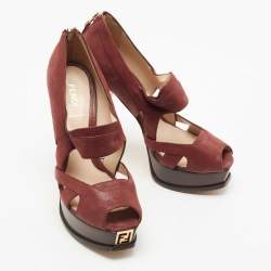 Pre Owned FendI Burgundy Glitter Nubuck Leather Peep Toe Platform Pumps Size 37.5