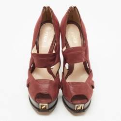 Pre Owned FendI Burgundy Glitter Nubuck Leather Peep Toe Platform Pumps Size 37.5