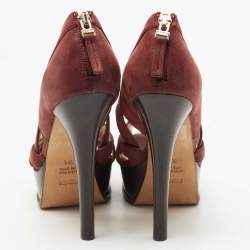 Pre Owned FendI Burgundy Glitter Nubuck Leather Peep Toe Platform Pumps Size 37.5