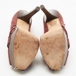 Pre Owned FendI Burgundy Glitter Nubuck Leather Peep Toe Platform Pumps Size 37.5