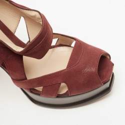 Pre Owned FendI Burgundy Glitter Nubuck Leather Peep Toe Platform Pumps Size 37.5