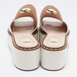 Pre Owned Fendi White Leather Logo Detail Platform Mules Size 40