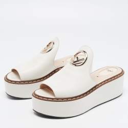 Pre Owned Fendi White Leather Logo Detail Platform Mules Size 40