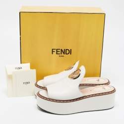 Pre Owned Fendi White Leather Logo Detail Platform Mules Size 40