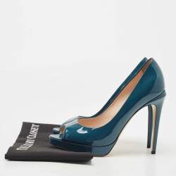 Pre Owned Fendi Teal Patent Leather FF Heels Peep Toe Platform Pumps Size 39