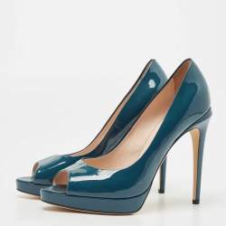 Pre Owned Fendi Teal Patent Leather FF Heels Peep Toe Platform Pumps Size 39