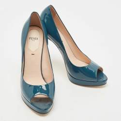 Pre Owned Fendi Teal Patent Leather FF Heels Peep Toe Platform Pumps Size 39