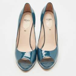 Pre Owned Fendi Teal Patent Leather FF Heels Peep Toe Platform Pumps Size 39