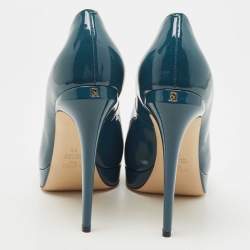 Pre Owned Fendi Teal Patent Leather FF Heels Peep Toe Platform Pumps Size 39