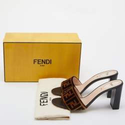 Pre Owned Fendi Brown Zucca Velvet Block Heel Slide Sandals Size 41.5