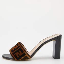 Pre Owned Fendi Brown Zucca Velvet Block Heel Slide Sandals Size 41.5