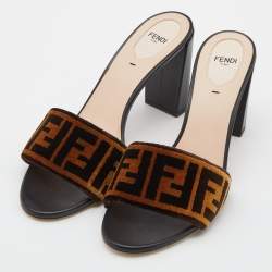 Pre Owned Fendi Brown Zucca Velvet Block Heel Slide Sandals Size 41.5